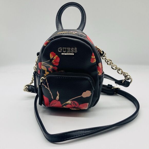 Guess Handbags - GUESS 7” Mini Backpack Crossbody Handbag Faux Leather Black Floral Zip Closure